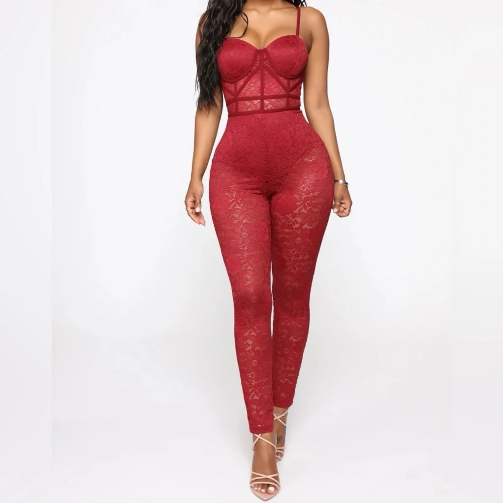 Burgundy lace Jumpsuit - Picture 1 of 6